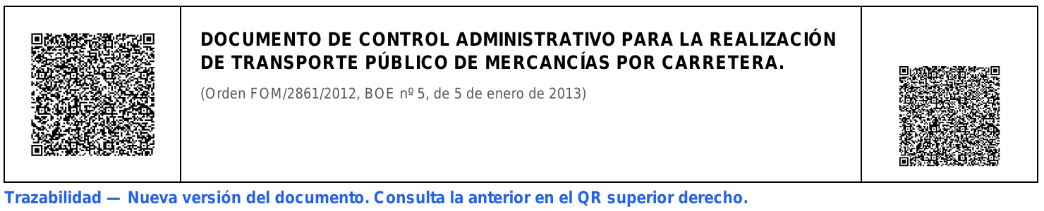 Cabecera del mismo DeCA en su versión 1: segundo código QR a la derecha y aviso de trazabilidad en azul.